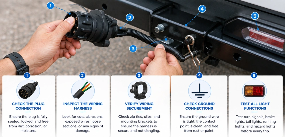 What trailer wiring maintenance should be done before every trip
