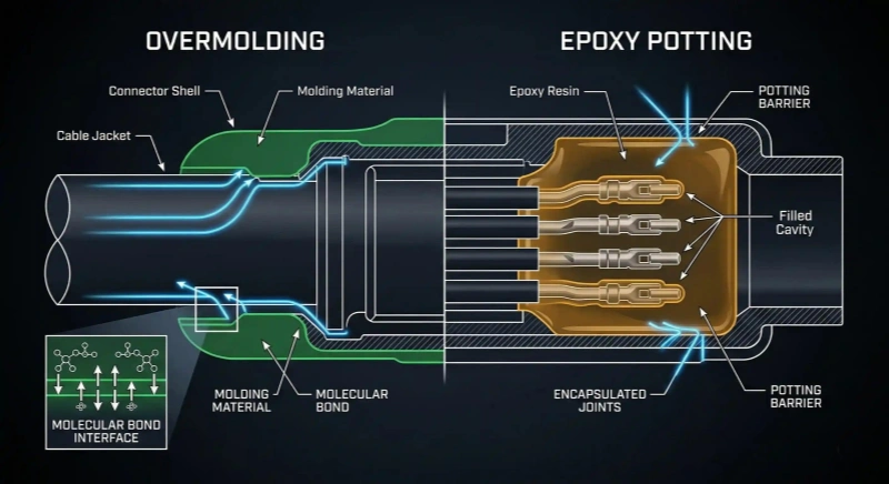 Copper conductors, insulation, overmolding, sealing, abrasion protection, and strain relief