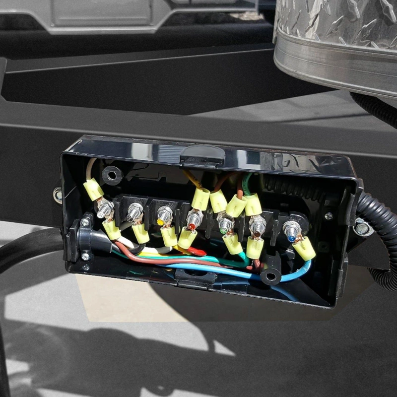 Trailer main looms, branch circuits, junction boxes, and breakaway wiring